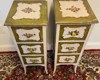 M46 - $125 PAIR. Painted wooden 3 drawer cabinets - drawers slide easily. Measures 11" x 12" deep x 31.25" tall. 
