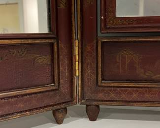 M110 - $125. Hand Painted Antique Tri-Fold Mirror. Center Mirror moves. Measures 54" x 28.5". Middle is 22.5" Each End is 16". 