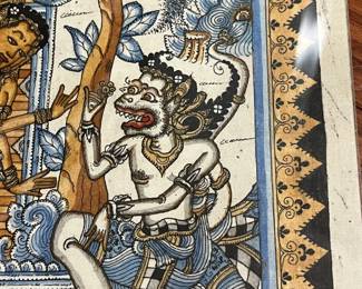 K29 - $75. Framed Textile. Balinese Kamasan Painting. Measures 13" x 17" tall. 