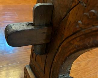 M105 - $650. Antique Renaissance Style Carved Walnut (?) 2 piece cabinet. Top & Base Move separately. Measures 38.5" x 15" deep x 46" tall. Hardware is all handmade - primitive. 