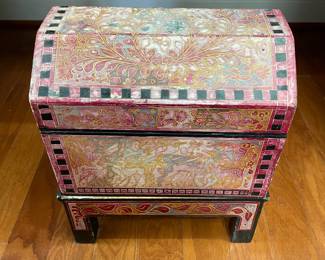 K11- $35. Box on Stand. Measures 12" wide x 9" deep x 14" tall. Some fading/chipping on the overlay but sturdy. 