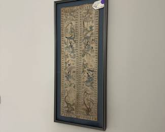 M27 - $225. Chinese Silk Embroidered Panel. Measures 9.75" wide x 22" tall framed. 