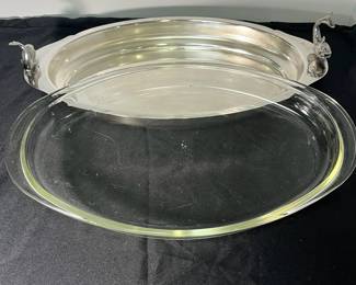 M57 - $40. Rare Eton Silver Plated with Pyrex insert serving dish with Fish Handles. Measures 20.5" x 11.25" x 4.25" tall. 