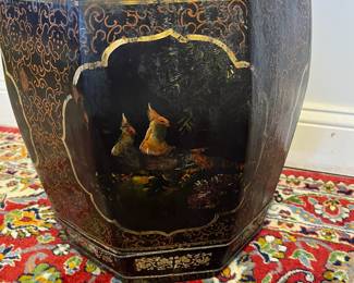 M16 - $125. Vintage Chinese Hand Painted Wood Rice Bucket Barrel / Stool with storage. Measures 14" wide x 18" tall. 