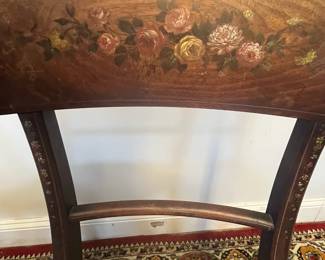 M10 - $80. Pair of Antique Chairs. Each measures 18.5" wide x 17.5" deep x 35" tall. Need to be reupholstered and cleaned up. Painting is in great antique condition!