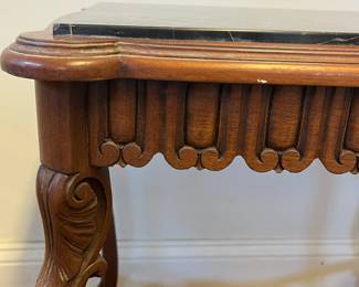 M25 - $75. Antique Marble Top Side Table. Measures 25" wide x 16.75" deep x 23.5" tall. Table is sturdy but has a little wiggle to it. 