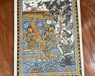 K29 - $75. Framed Textile. Balinese Kamasan Painting. Measures 13" x 17" tall. 