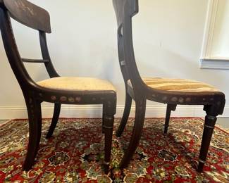 M10 - $80. Pair of Antique Chairs. Each measures 18.5" wide x 17.5" deep x 35" tall. Need to be reupholstered and cleaned up. Painting is in great antique condition!