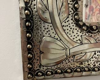 K20 - $50. Mexican Folk Art Punched Tin Mirror. Measures 17" x 21". 