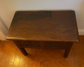 M44 - $275. Small Antique Coffer Trunk - lid needs repair. Hand carved. Measures 24" wide x 14" deep x 19" tall. 