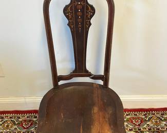 M22 - $35. Queen Anne Style Chair. Measures 17" x 18" x 39" tall. Beautiful Inlay! Has been (poorly) repaired. 