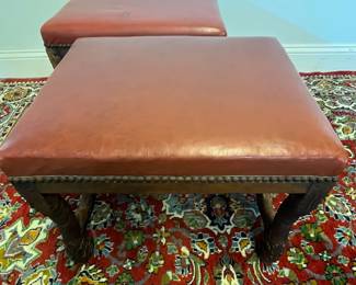 M23 - $60 PAIR. Leather topped, wooden framed stools. Measures 19.5" x 15" x 15.5" tall. 