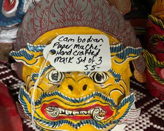 K33 - $55. Set of 3 Cambodian Paper Mache Handcrafted Masks. 