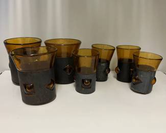K55 - $45. Set of 8 Felipe Derflinger Imprisoned Amber Tumbler & Shot Glasses. 