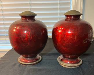 M81 - $150 Each. Akasuke Ginbari Pigeon Blood Cloisonne - they're the same size but have different designs in them. One is a dragon and one is floral. They could be turned into lamps or used as vases!