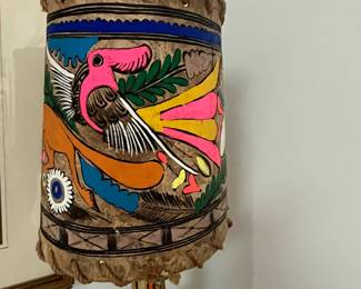 K24 - $30. Hand Painted Folk Art Lamp. Measures 9" wide x 27" tall. Lamp base  has been repaired - shade is in very good condition! 