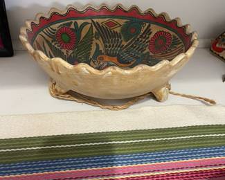K6 - $30. Mexican Folk Art Pottery Bowl, Hand painted. Measures 10" diameter x 4" tall. Bowl with feet and can also be used as a wall hanging. 