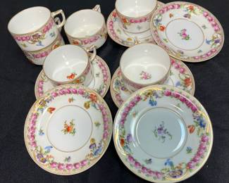 M60 - $150. Schumann Bavaria Empress Dresden Flowers Hand Painted. 1 coffee pot. 1 tea pot. 1 cream & sugar. 6 Tea cups. 6 saucers. 15 pieces. All appear to be in very good vintage/ antique condition!