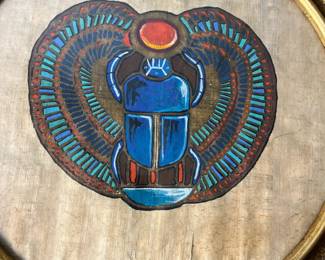 M124 - $30. Painted Scarab Beetle on Papyrus. Measures 12.5" round. 
