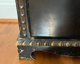 M139 - $225. Small Antique Black Lacquered Chinoiserie Cabinet - 4 drawer chest. Sides are painted in gold with a bird / water scene. Measures 17" wide x 11.5" deep x 35" tall. All drawers slide easily. 
