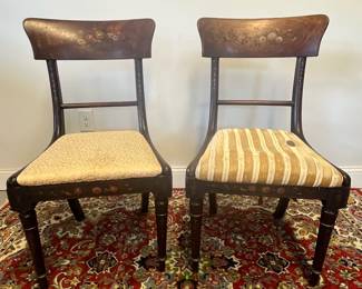 M10 - $80. Pair of Antique Chairs. Each measures 18.5" wide x 17.5" deep x 35" tall. Need to be reupholstered and cleaned up. Painting is in great antique condition!