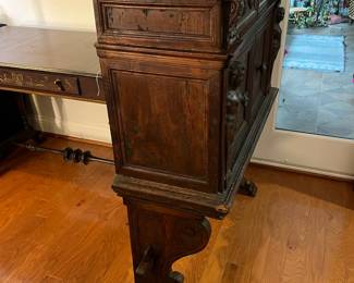 M105 - $650. Antique Renaissance Style Carved Walnut (?) 2 piece cabinet. Top & Base Move separately. Measures 38.5" x 15" deep x 46" tall. Hardware is all handmade - primitive. 