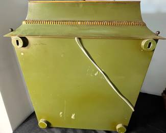 M135 - $100. Hand Painted Chinoiserie Metal/Tin Toleware "Pagoda Cabinet". Lighted Display Cabinet with Glass Shelves. Made in France. Was wall mounted but I believe it can also be hung. Measures 21.25" wide x 7.25" deep x 22" tall. 