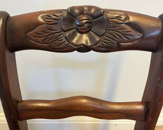 M13 - $50. Childs, Antique Mahogany, Carved Rose Chair with needlepoint seat. Sturdy and in very good condition. Measures 11.5" wide x 12" deep x 22" tall. 
