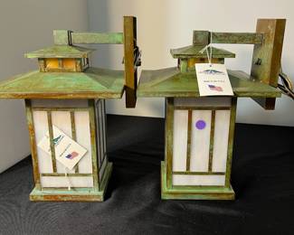 M134 - $200 PAIR of Exterior Light Fixtures by Arroyo Craftsman. Kennebec Wall Mount. Gold White Glass. Verdigris Patina. Measures 9" x 13" tall. Never installed still in original boxes - we pulled them out to photograph. 