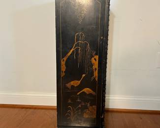 M139 - $225. Small Antique Black Lacquered Chinoiserie Cabinet - 4 drawer chest. Sides are painted in gold with a bird / water scene. Measures 17" wide x 11.5" deep x 35" tall. All drawers slide easily. 