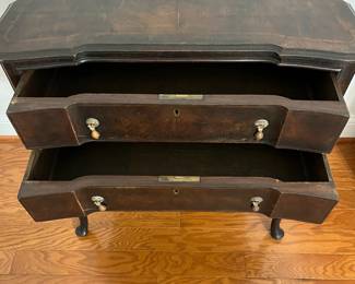 M108 - $145. Antique 2 Drawer side table. Measures 26.25" wide x 16" deep x 28.5" tall. 