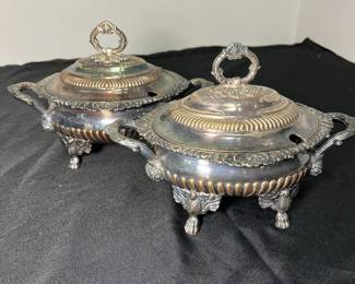 M67 - $125 PAIR. Antique Sheffield Silver Plated Sauce Tureen. Measures 9.5" x 6.5". 