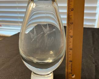 M116 - $45. Orrefors Crystal Etched & Signed Vase. Measures 6.5" tall. 