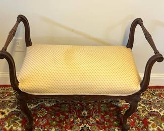 M26 - $150. Vintage Window Bench. Sturdy wooden frame - upholstery is in very good overall condition. Measures 32" x 17" x 28" tall. 