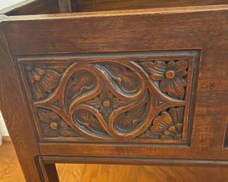 M44 - $275. Small Antique Coffer Trunk - lid needs repair. Hand carved. Measures 24" wide x 14" deep x 19" tall. 