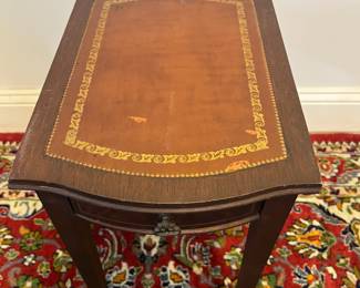 M14 - $40. Childs size Mahogany Leather Top Side Table. Measures 10" wide x 14" deep x 19" tall. 