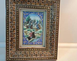 K27 - $30. Vintage Persian Miniature Painting. Measures 6.25" wide x 7.75" tall framed. 