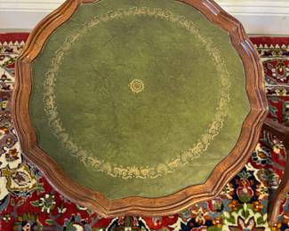 M17 - $60 PAIR. Antique Pie Crust Side Tables with leather tops. Measures 13" wide x 20.25" tall. 