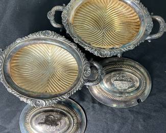 M67 - $125 PAIR. Antique Sheffield Silver Plated Sauce Tureen. Measures 9.5" x 6.5". 