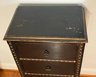 M139 - $225. Small Antique Black Lacquered Chinoiserie Cabinet - 4 drawer chest. Sides are painted in gold with a bird / water scene. Measures 17" wide x 11.5" deep x 35" tall. All drawers slide easily. 