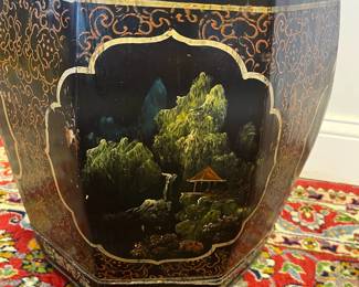 M16 - $125. Vintage Chinese Hand Painted Wood Rice Bucket Barrel / Stool with storage. Measures 14" wide x 18" tall. 