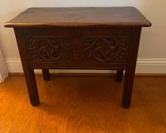 M44 - $275. Small Antique Coffer Trunk - lid needs repair. Hand carved. Measures 24" wide x 14" deep x 19" tall. 