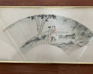 K43 - $125. Painted Chinese Fan. Framed it measures 24.5" wide x 14" tall. 