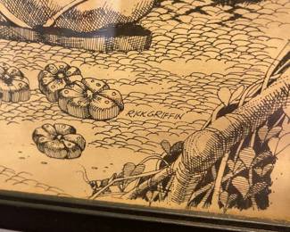 M37 - $75. Huichol Indian / San Mezcalito by Rick Griffin. Measures 15" x 18". ( The paper is sliding on one side and there is something between paper & glass in one spot leaving a small stain.)