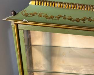 M135 - $100. Hand Painted Chinoiserie Metal/Tin Toleware "Pagoda Cabinet". Lighted Display Cabinet with Glass Shelves. Made in France. Was wall mounted but I believe it can also be hung. Measures 21.25" wide x 7.25" deep x 22" tall. 