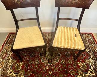M10 - $80. Pair of Antique Chairs. Each measures 18.5" wide x 17.5" deep x 35" tall. Need to be reupholstered and cleaned up. Painting is in great antique condition!