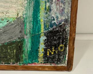 K68 - $400. Original Painting by Nancy Van Overveldt "Viento Mojado". Large Modernist Painting. Measures 40" x 32" Does have one significant paint chip on the left near the center. Great colors!