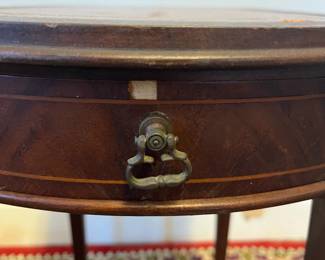 M14 - $40. Childs size Mahogany Leather Top Side Table. Measures 10" wide x 14" deep x 19" tall. 