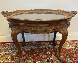 M8 - $200. Carved Wood Display Table with Removable glass Top. Measures 32" x 22" x 21" tall. 