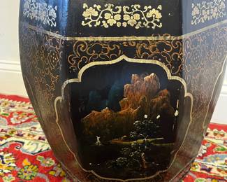 M16 - $125. Vintage Chinese Hand Painted Wood Rice Bucket Barrel / Stool with storage. Measures 14" wide x 18" tall. 